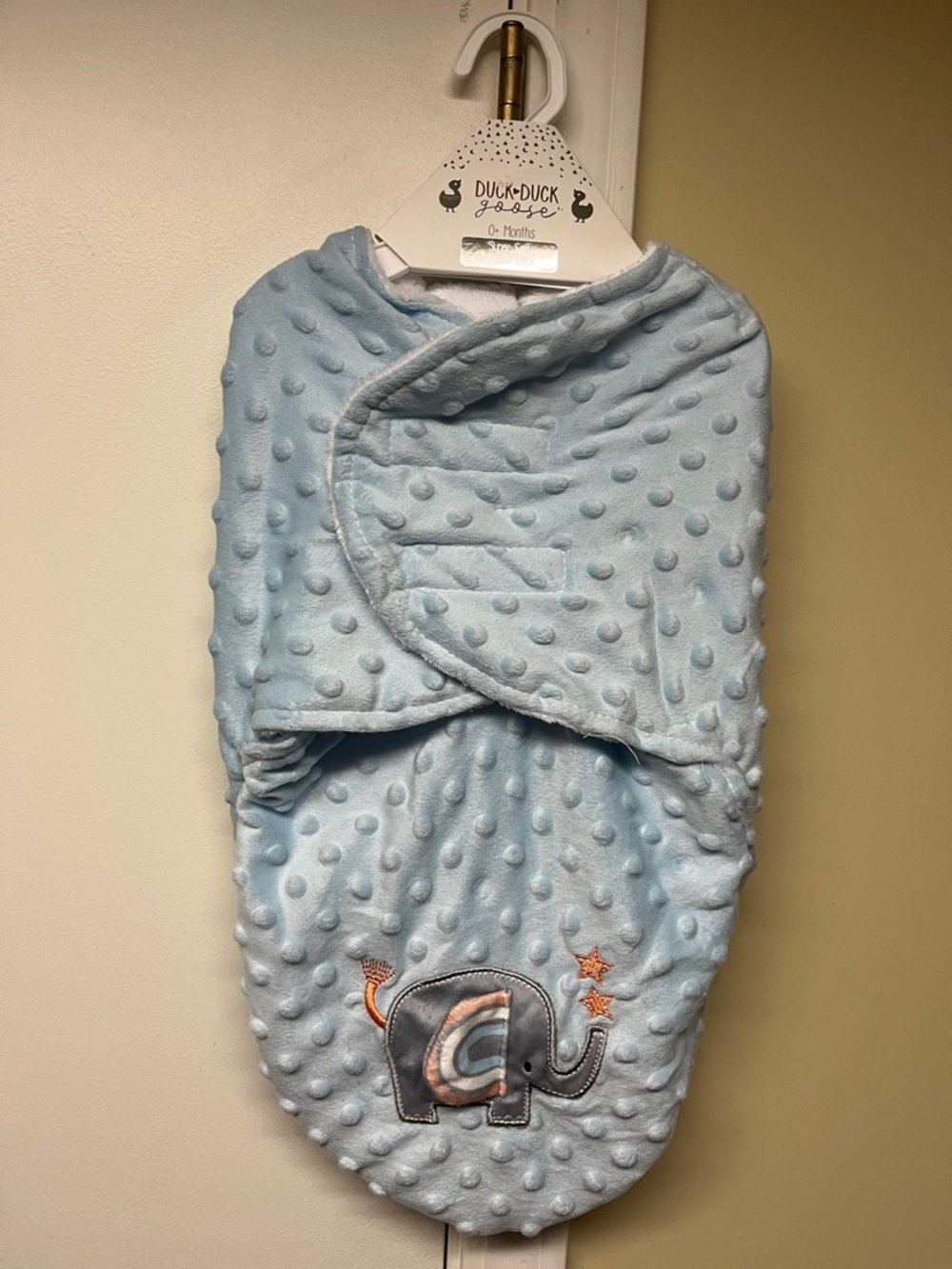 Duck Duck Goose Blue Plush Baby Swaddle with Elephant Embroidery
